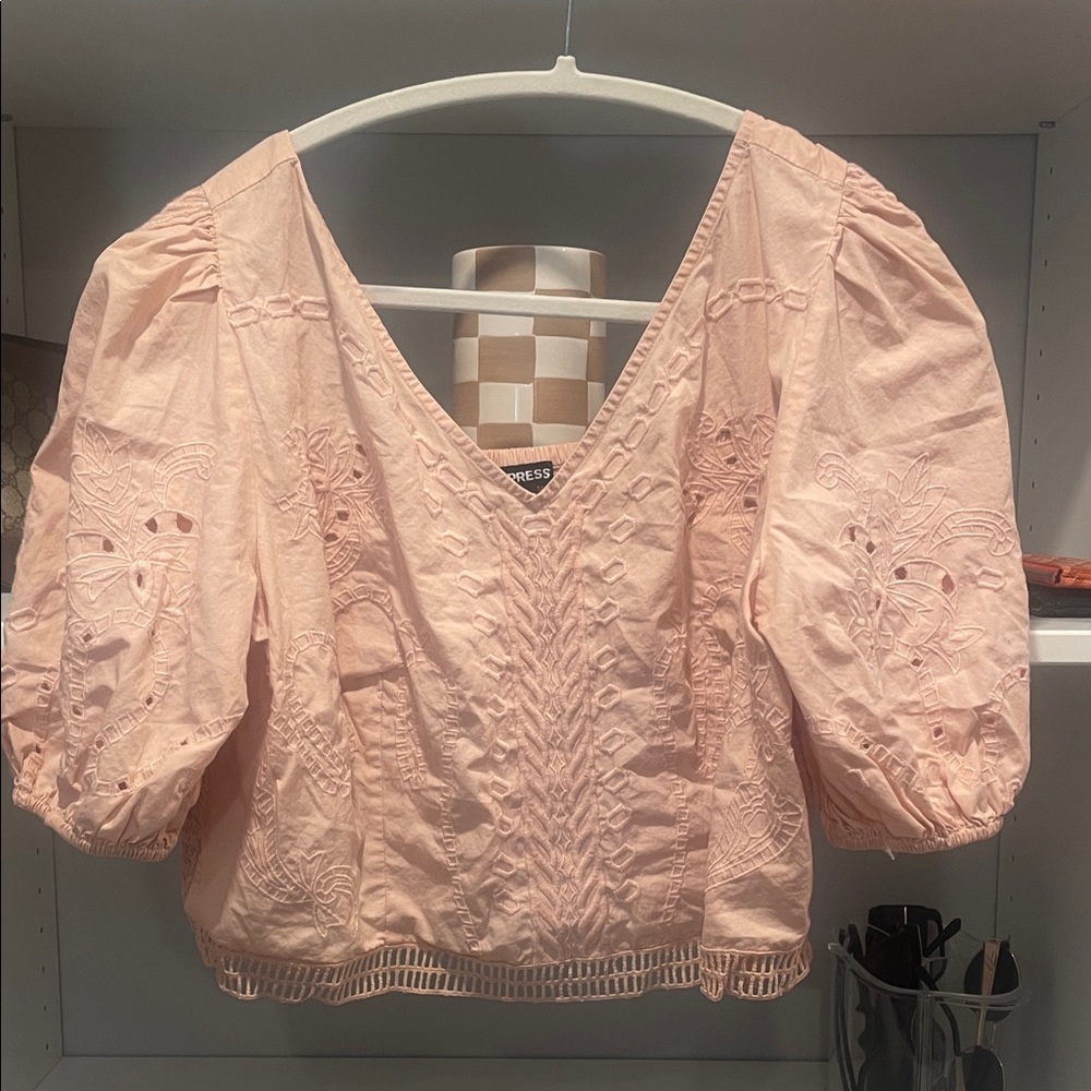 Express Blush Lace Puff Sleeve Blouse